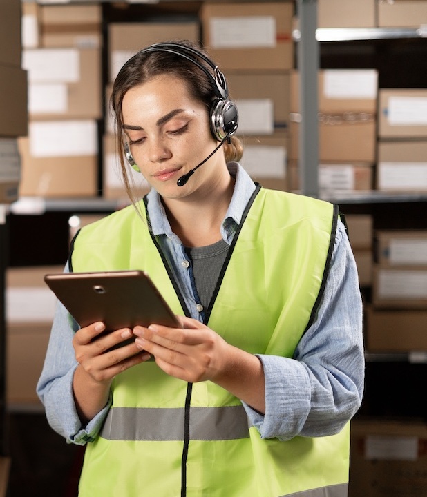 Female worker wearing headsets in logistics warehouse working with inventory app using digital tablet