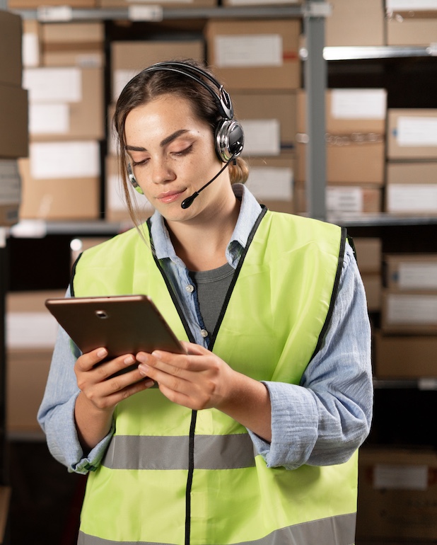 Female worker wearing headsets in logistics warehouse working with inventory app using digital tablet