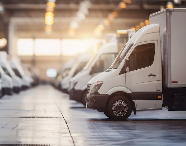 White delivery vans lined up in a warehouse