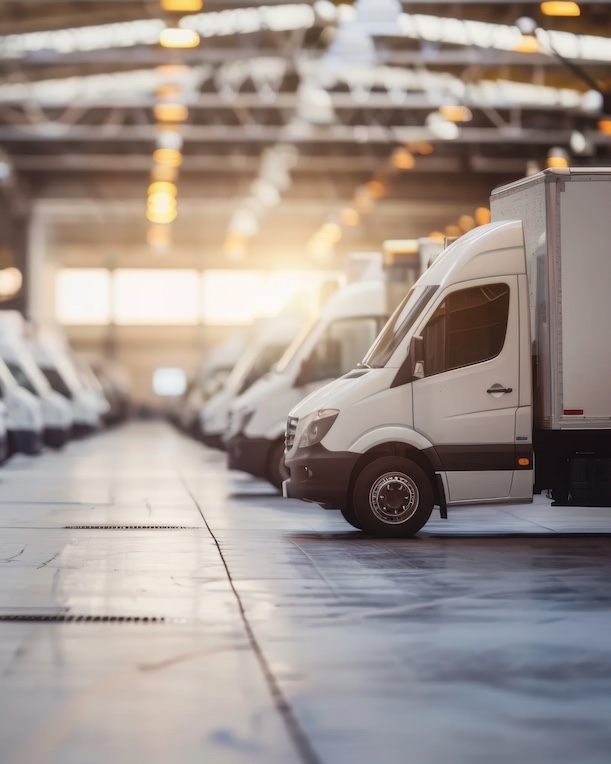 White delivery vans lined up in a warehouse
