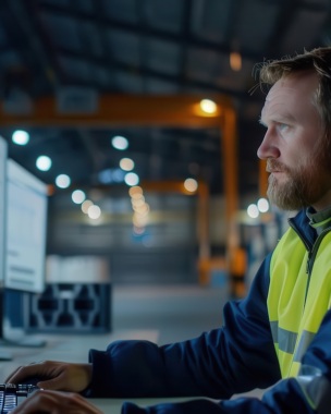 A logistics professional using a computer to track shipments, high resolution