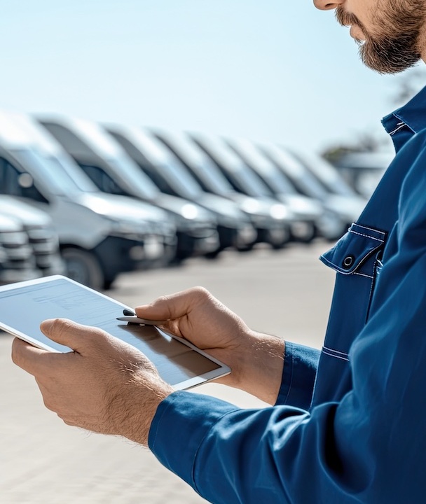 A manager examines a tablet, checking fleet details of white delivery vans parked neatly in a commercial lot under clear blue skies