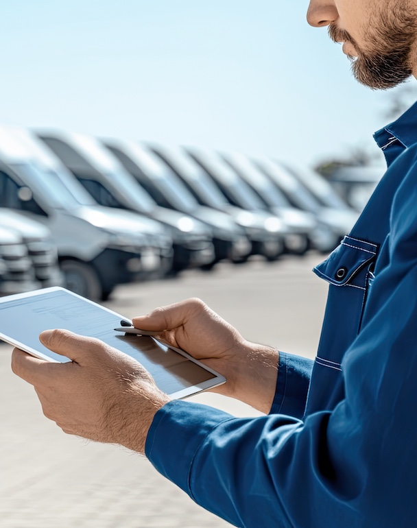 A manager examines a tablet, checking fleet details of white delivery vans parked neatly in a commercial lot under clear blue skies