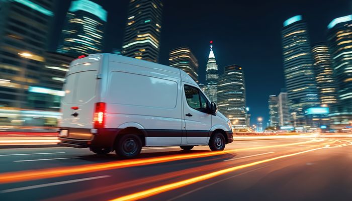 White delivery van drives fast in motion, capturing urban night with light trails. Skyscrapers, city lights in background. Transport vehicle on road during journey commerce, logistics, industry.