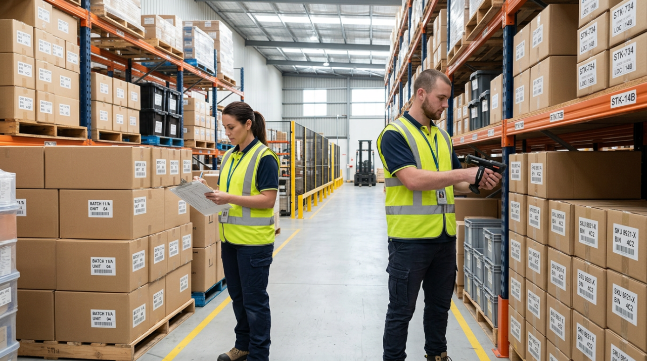 Warehouse staff wearing yellow-green safety vests checking inventory on organised shelves.