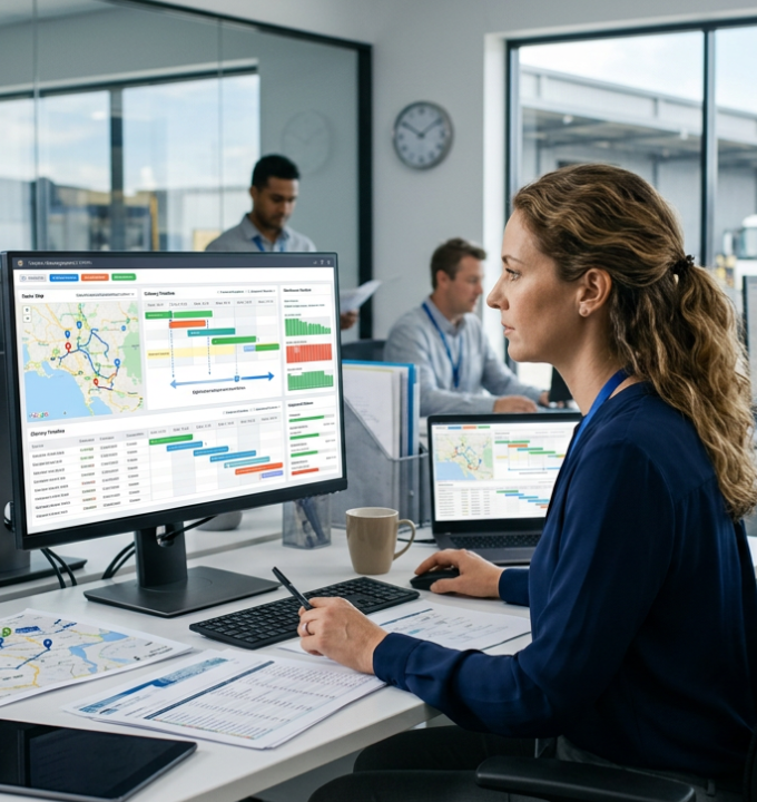 an Australian delivery planner reviewing a scheduling dashboard inside a modern transport office.