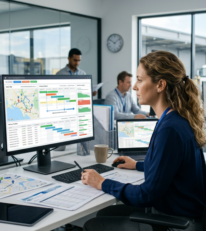 an Australian delivery planner reviewing a scheduling dashboard inside a modern transport office.