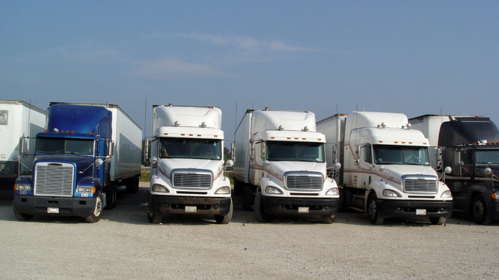 Truck stop, resting place, a row of trucks parked