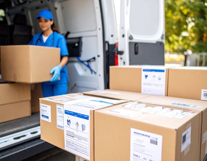 Medical courier loading labeled shipping boxes into a delivery van.