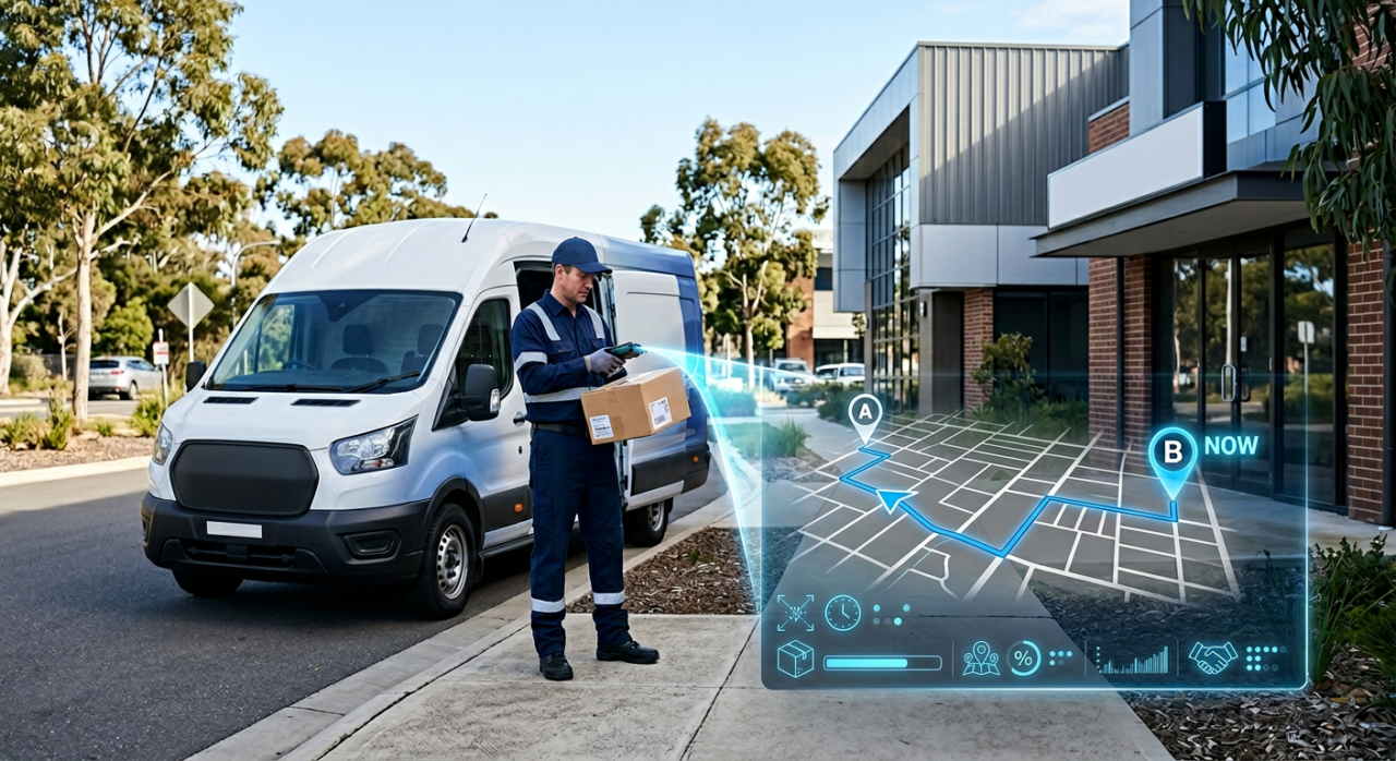 A professional delivery scene showing a courier van parked outside a business while a driver scans a parcel with a handheld device.