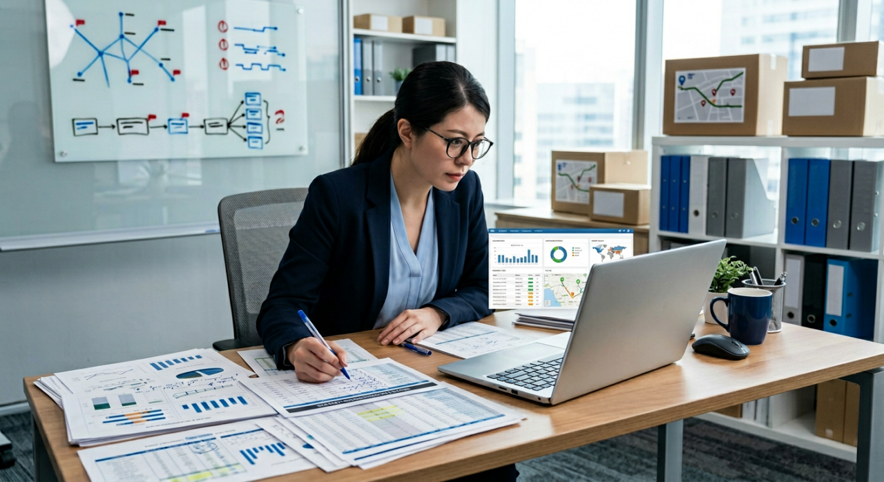 A logistics analyst reviewing shipment records and delivery performance on a laptop and printed reports.